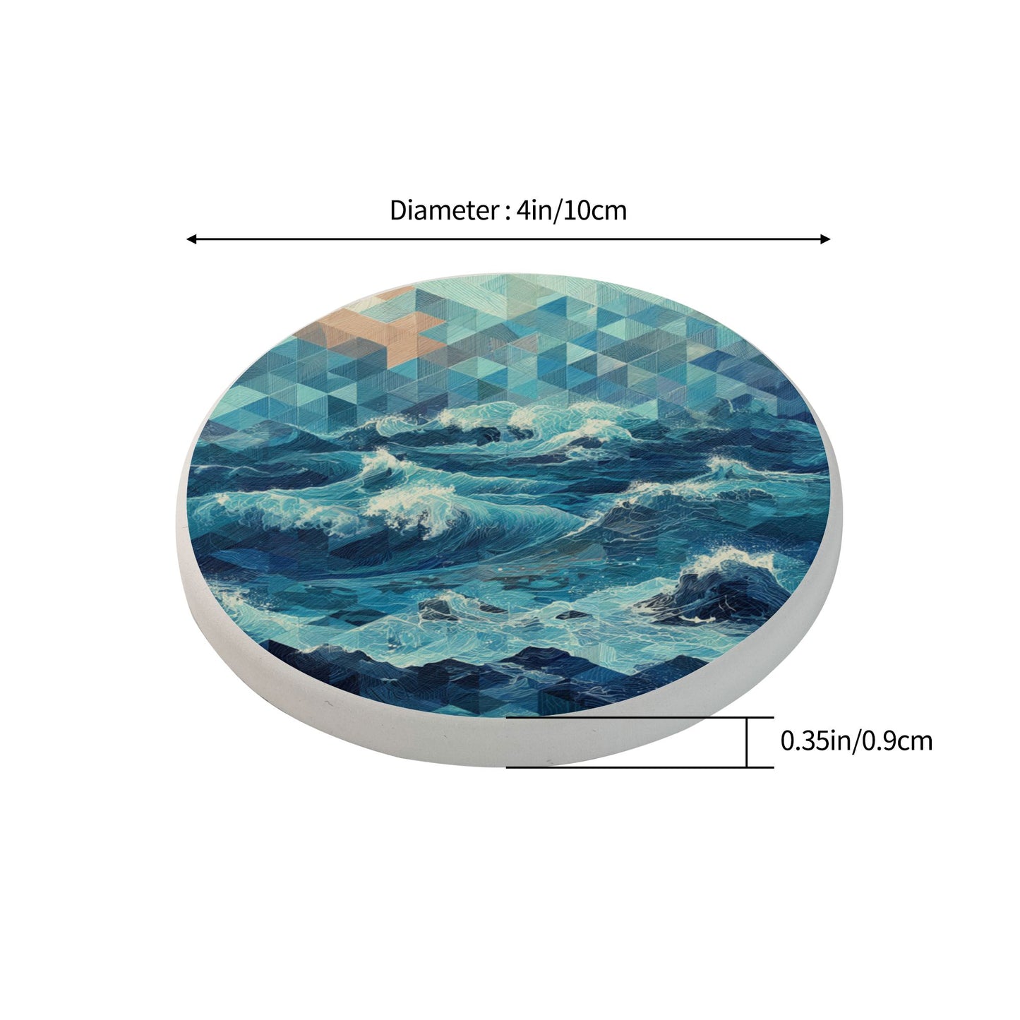 4" Geometric Ocean Wave Diatomite Round Coaster – Fast Absorbent, Heat Resistant, Non-Slip Natural Stone Cup Mat