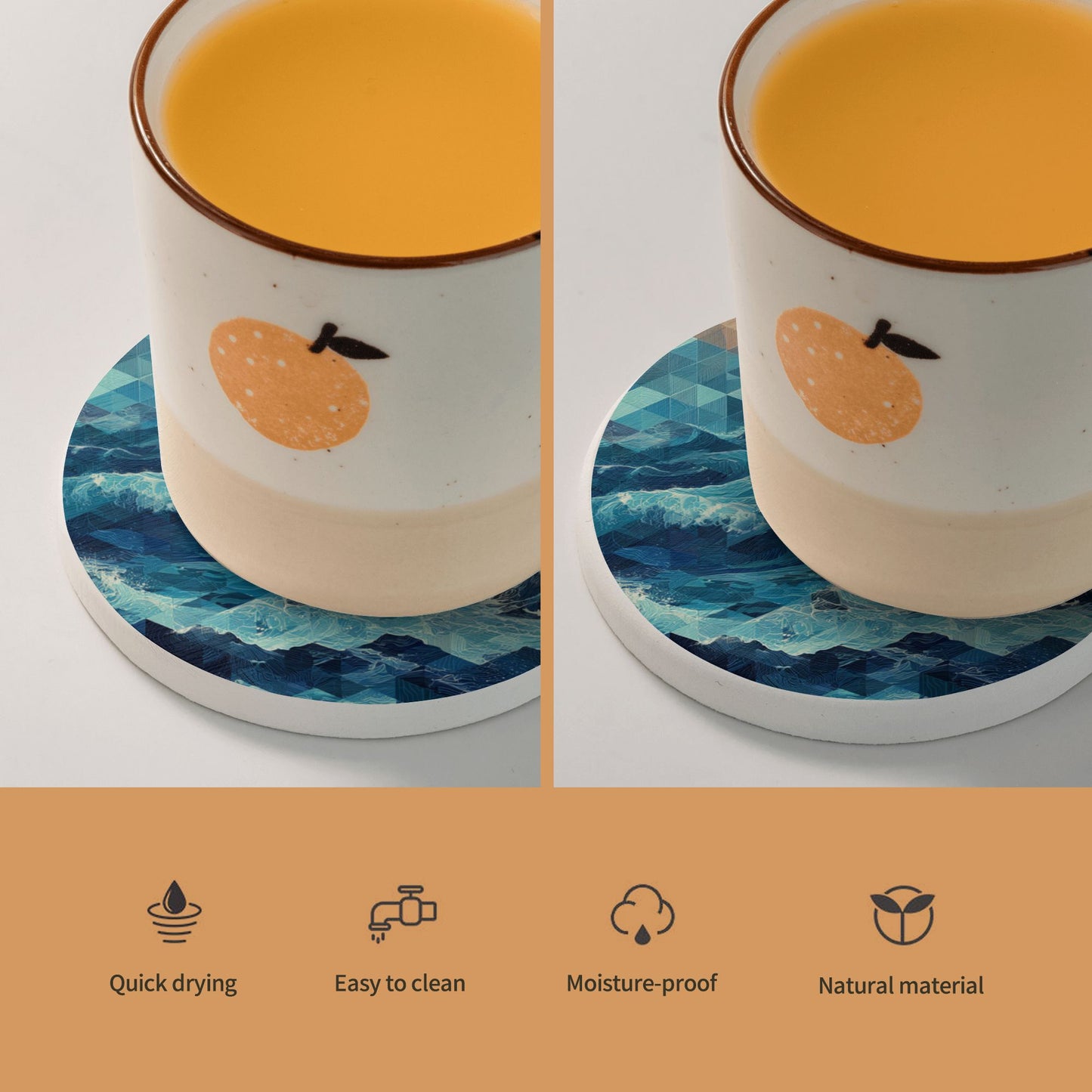4" Geometric Ocean Wave Diatomite Round Coaster – Fast Absorbent, Heat Resistant, Non-Slip Natural Stone Cup Mat