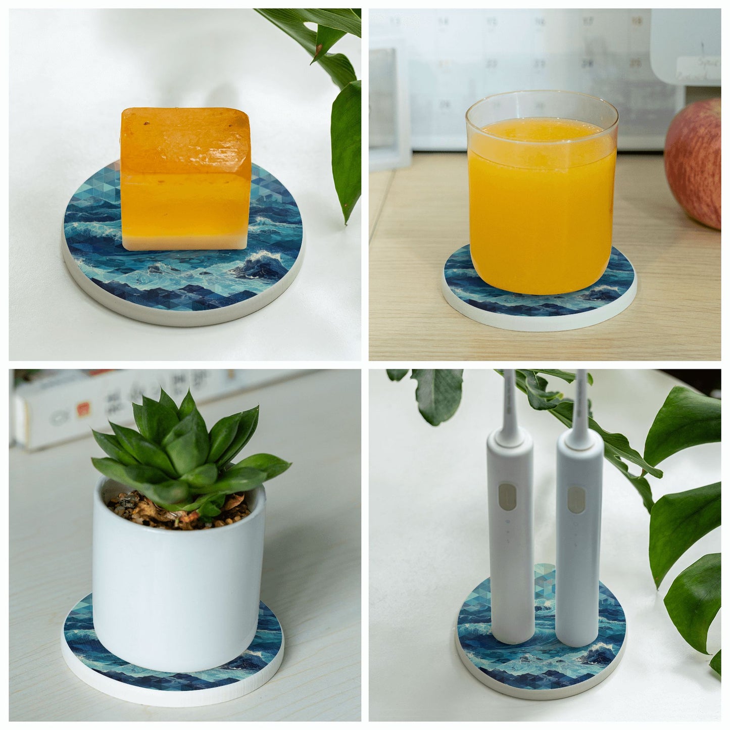 4" Geometric Ocean Wave Diatomite Round Coaster – Fast Absorbent, Heat Resistant, Non-Slip Natural Stone Cup Mat