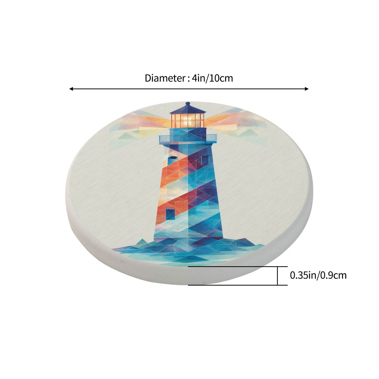 4" Colorful Geometric Lighthouse Diatomite Round Coaster – Absorbent, Heat Resistant, Non-Slip Eco Drink Mat