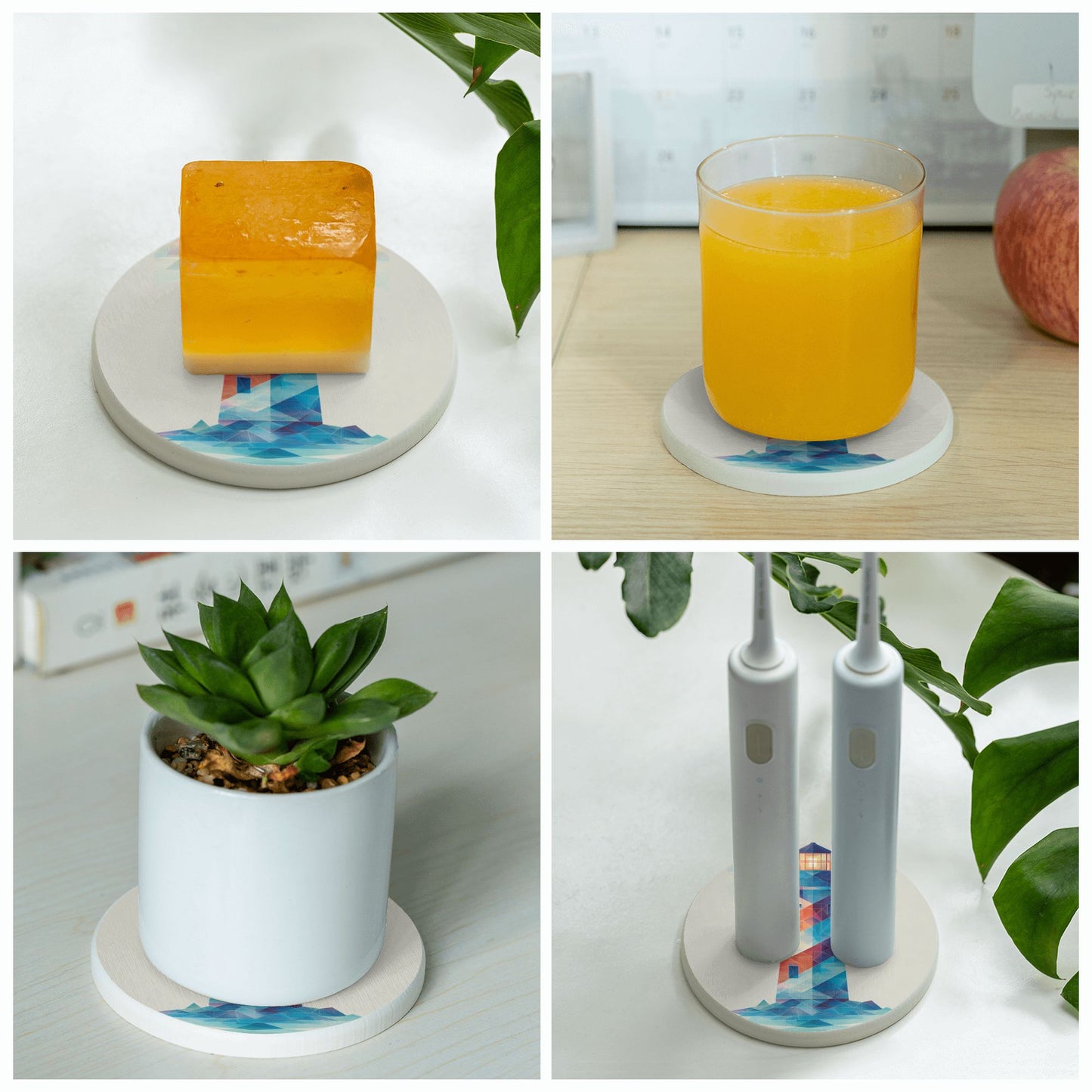 4" Colorful Geometric Lighthouse Diatomite Round Coaster – Absorbent, Heat Resistant, Non-Slip Eco Drink Mat