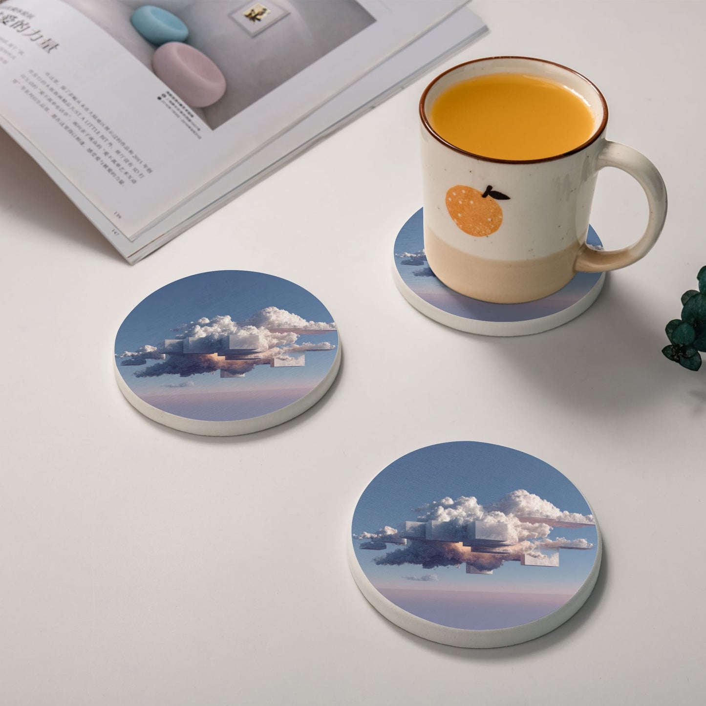 4" Geometric Cloudscape Diatomite Round Coaster – Absorbent, Quick-Dry, Non-Slip, Heat Resistant Natural Cup Mat
