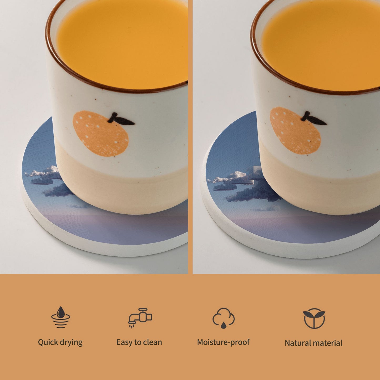 4" Geometric Cloudscape Diatomite Round Coaster – Absorbent, Quick-Dry, Non-Slip, Heat Resistant Natural Cup Mat