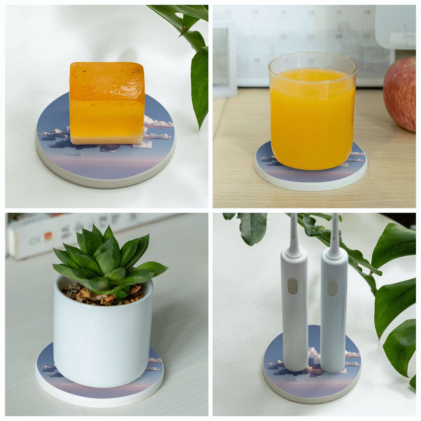 4" Geometric Cloudscape Diatomite Round Coaster – Absorbent, Quick-Dry, Non-Slip, Heat Resistant Natural Cup Mat