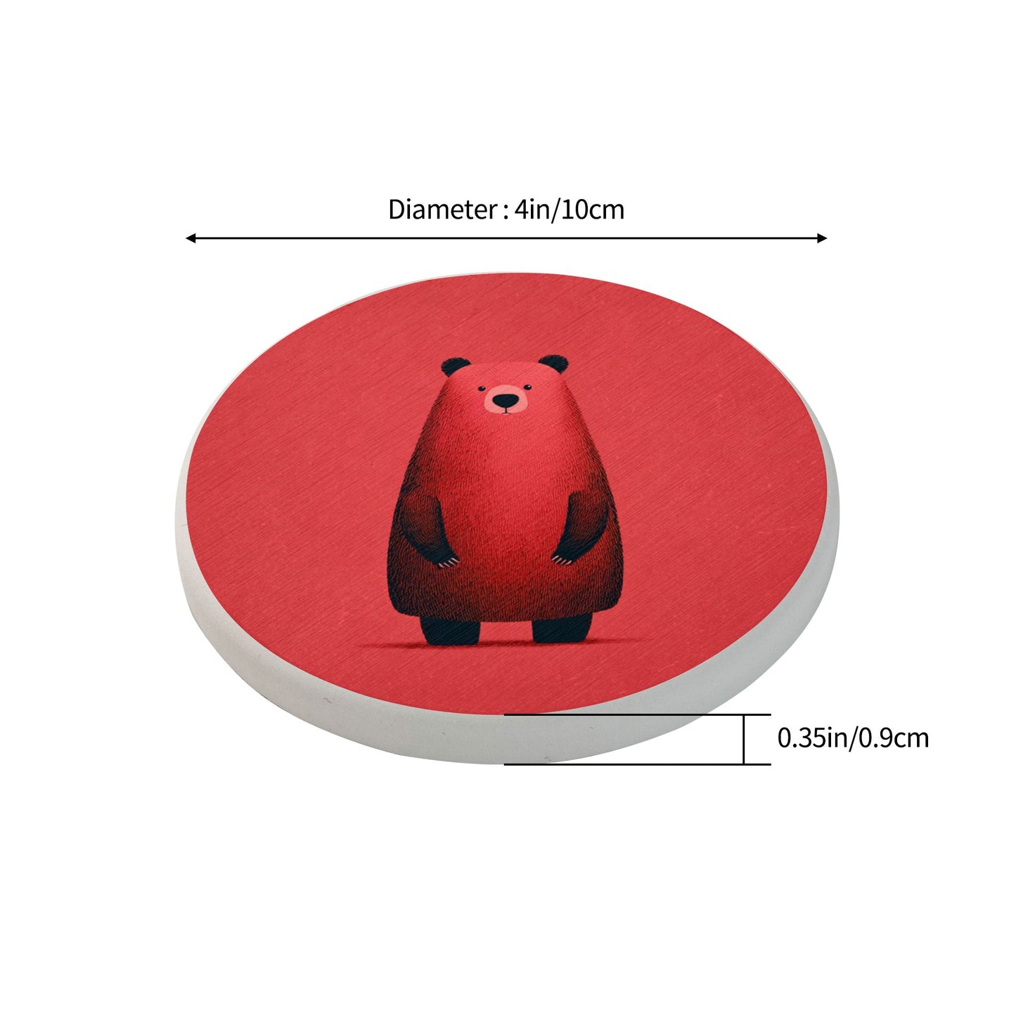 4" Cute Red Bear Cartoon Diatomite Round Coaster – Fast Absorbent, Heat-Resistant, Non-Slip, Eco-Friendly Drink Mat