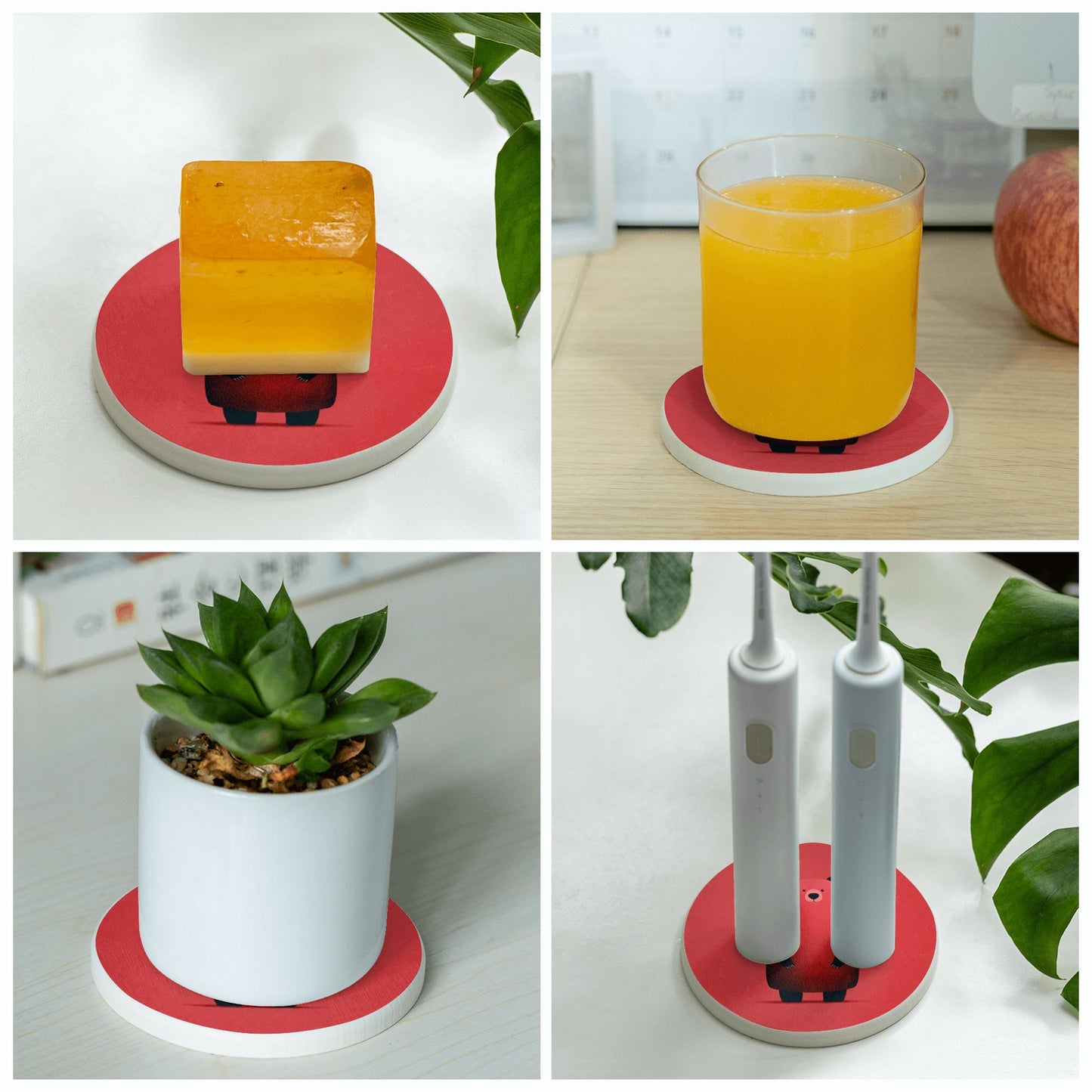4" Cute Red Bear Cartoon Diatomite Round Coaster – Fast Absorbent, Heat-Resistant, Non-Slip, Eco-Friendly Drink Mat