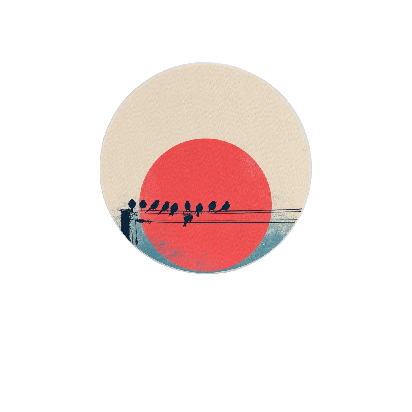 4" Minimalist Birds on Wire with Red Sun Diatomite Round Coaster – Absorbent, Quick-Dry, Heat-Resistant, Eco-Friendly Cup Mat