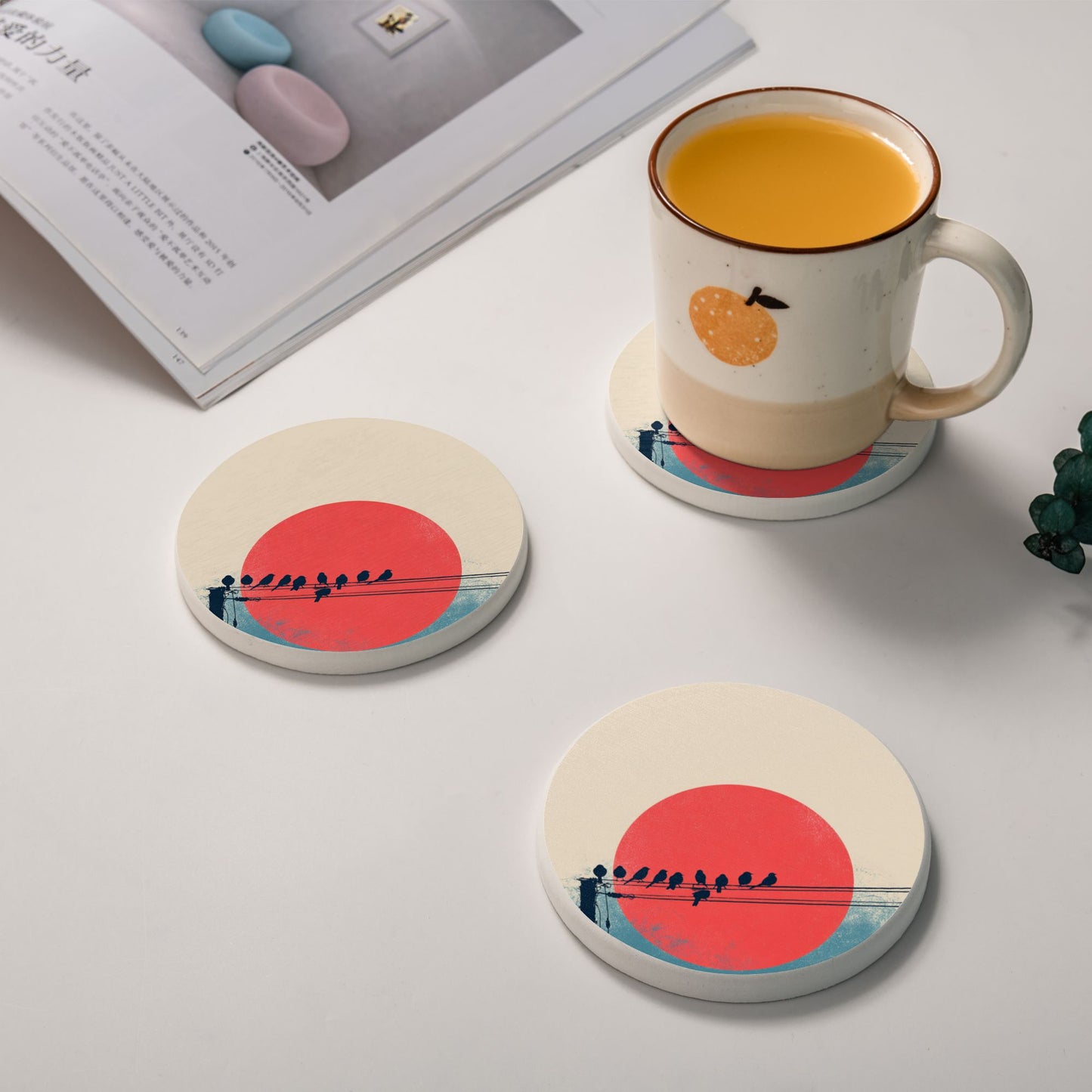 4" Minimalist Birds on Wire with Red Sun Diatomite Round Coaster – Absorbent, Quick-Dry, Heat-Resistant, Eco-Friendly Cup Mat