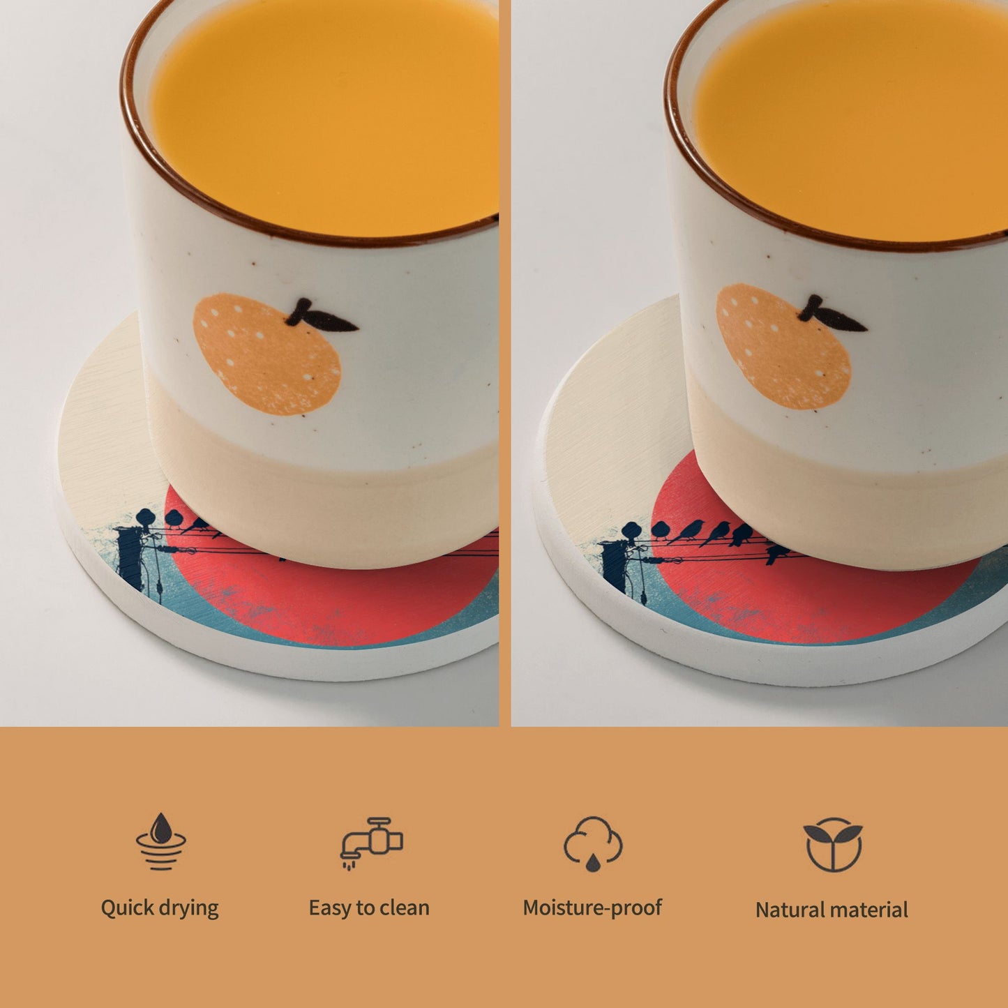 4" Minimalist Birds on Wire with Red Sun Diatomite Round Coaster – Absorbent, Quick-Dry, Heat-Resistant, Eco-Friendly Cup Mat