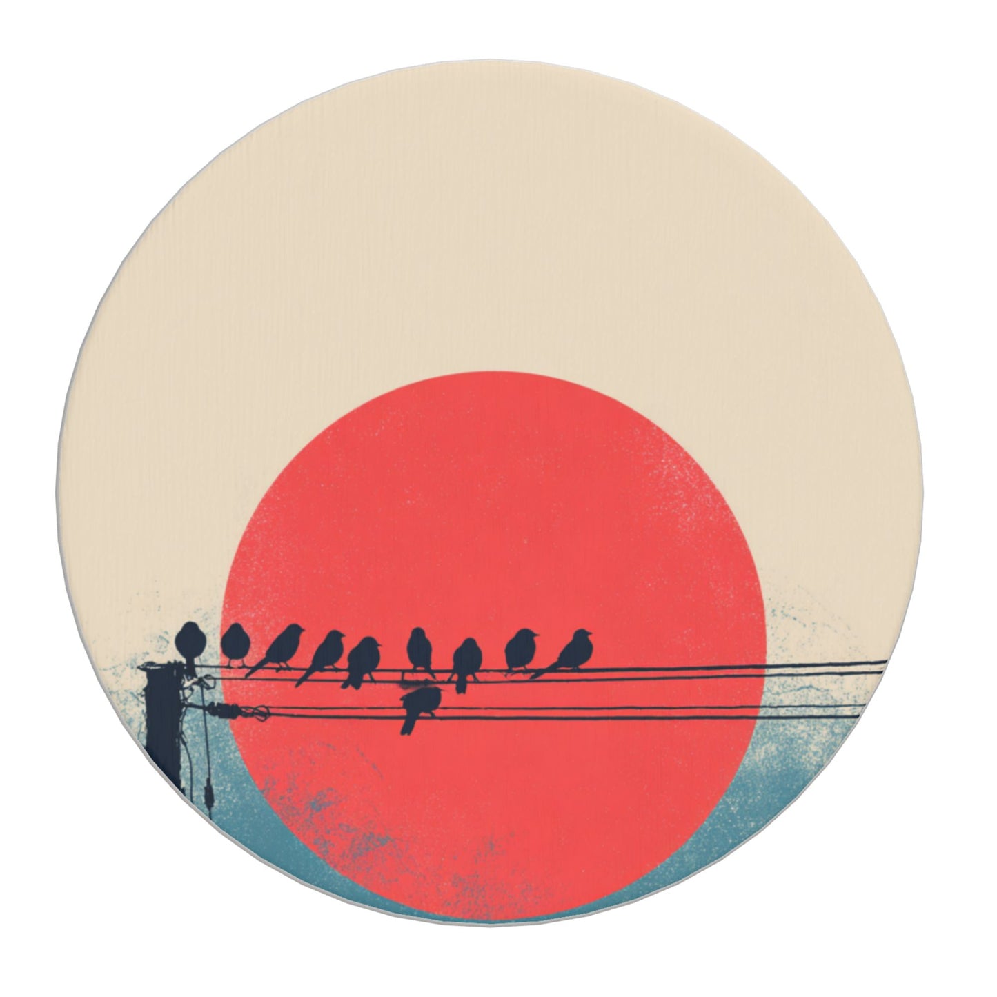 4" Minimalist Birds on Wire with Red Sun Diatomite Round Coaster – Absorbent, Quick-Dry, Heat-Resistant, Eco-Friendly Cup Mat
