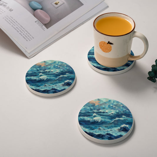4" Geometric Ocean Wave Diatomite Round Coaster – Fast Absorbent, Heat Resistant, Non-Slip Natural Stone Cup Mat