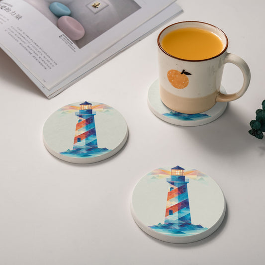 4" Colorful Geometric Lighthouse Diatomite Round Coaster – Absorbent, Heat Resistant, Non-Slip Eco Drink Mat