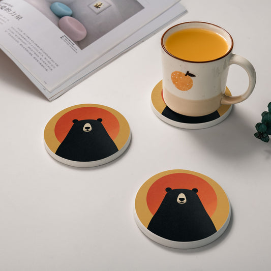 4" Cartoon Bear with Sunset Diatomite Round Coaster – Absorbent, Heat-Resistant, Eco-Friendly Non-Slip Drink Mat