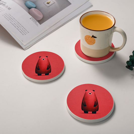 4" Cute Red Bear Cartoon Diatomite Round Coaster – Fast Absorbent, Heat-Resistant, Non-Slip, Eco-Friendly Drink Mat
