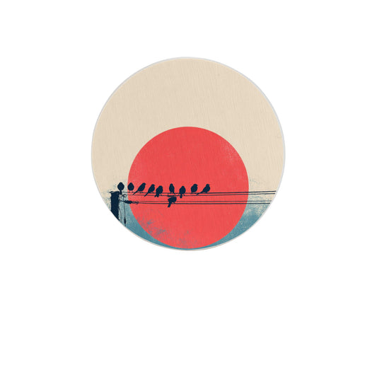 4" Minimalist Birds on Wire with Red Sun Diatomite Round Coaster – Absorbent, Quick-Dry, Heat-Resistant, Eco-Friendly Cup Mat